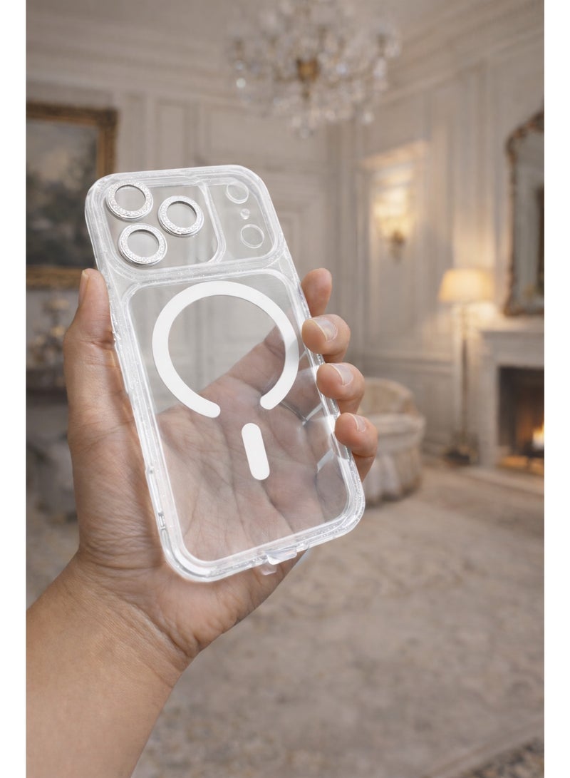 جراب شفاف مغناطيسي بتصميم أنيق مع إطار برتقالي – غطاء حماية مقاوم للصدمات ومتوافق مع MagSafe للآيفون